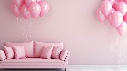 The suite is decorated with a sofa and pink balloons.