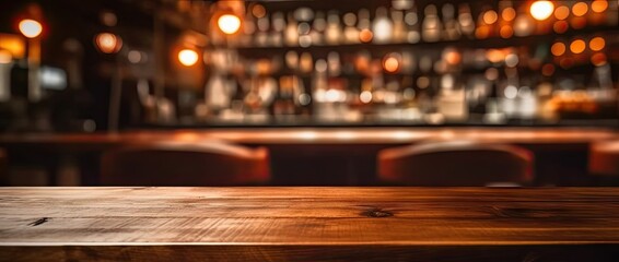 Inviting bar. Wooden table and retro counter create nostalgic and comfortable atmosphere. Dimly lit space is perfect for night out with soft glow of lights setting relaxed mood