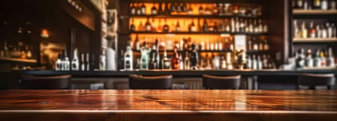 Gordijnen Inviting bar. Wooden table and retro counter create nostalgic and comfortable atmosphere. Dimly lit space is perfect for night out with soft glow of lights setting relaxed mood © Wuttichai