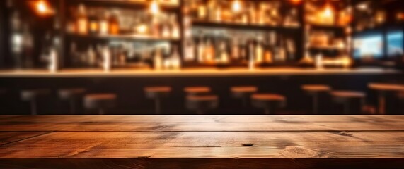 Inviting bar. Wooden table and retro counter create nostalgic and comfortable atmosphere. Dimly lit space is perfect for night out with soft glow of lights setting relaxed mood - obrazy, fototapety, plakaty