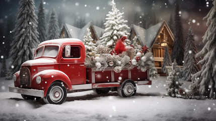 An old, red pickup truck with decorations, gifts in a trailer in a snowy, Christmas, New Year's forest with houses in winter.