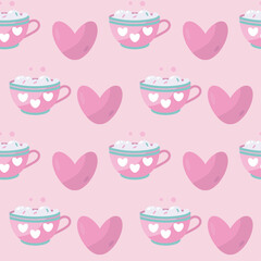 Valentines day seamless pattern with cup and heart