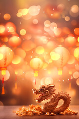  Golden Chinese dragon on a blurred background with beautiful bokeh, vertical card with copy space for text