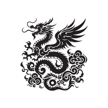 Dragon Silhouette - Majestic Mythical Creature Soaring in Artistic Shadows, Perfect for Fantasy Book Covers - Dragon black vector
