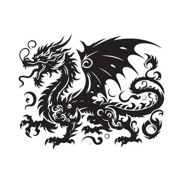 Dragon Silhouette - Ferocious Mythical Beast in Dramatic Contours, Ideal for Fantasy-themed Graphic Projects - Dragon black vector
