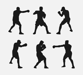 collection of silhouettes of male boxer with different pose, gesture. isolated on white background. vector illustration. - obrazy, fototapety, plakaty