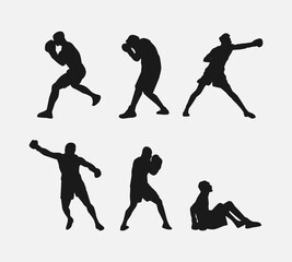 collection of silhouettes of male boxer with different pose, gesture. isolated on white background. vector illustration.