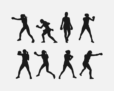 collection of silhouettes of female boxer with different pose, gesture. isolated on white background. vector illustration.