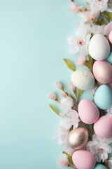 Naklejka na ściany i meble Enchanting Easter background with eggs, flowers and copy space for text. Soft, pastel colors. Tranquil and joyful scene. Perfect for holiday-themed designs, greeting cards.