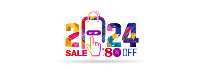 2024 number with 80% off, sale offer deals on shopping web banner design. Digital online sales promotion advertisement.