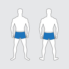 Man in blue swimming trunks front and back view