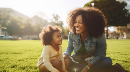 Radiant mother and child enjoying laughter and sunshine on a lush green field. - obrazy, fototapety, plakaty