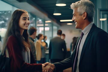 Teenage girl experiencing her first job offer, engaging in a handshake with her new manager, a pivotal coming of age moment, candid