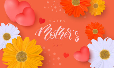 Mother's Day banner with a border of spring flowers on a peach pastel background, vector illustration horizontal background frame with cute blooming flora,hearts