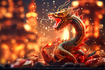 Fantastic Chinese dragon on a blurred background with beautiful bokeh, card with copy space for text - obrazy, fototapety, plakaty