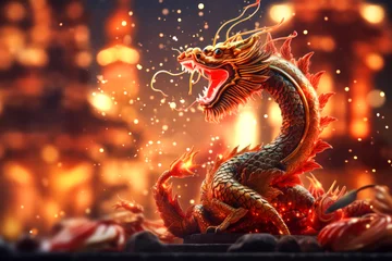 Foto op Canvas Fantastic Chinese dragon on a blurred background with beautiful bokeh, card with copy space for text © Kseniya