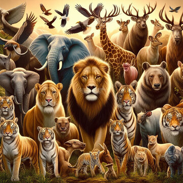 Generative AI illustration of wild animals, lions, tigers, elephants and others gathering in the forest, facing forward