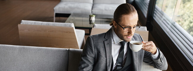 handsome man in smart chic suit with glasses drinking warm tea on sofa, business concept, banner