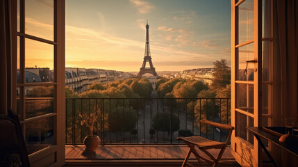 Autumn in Paris, view of Eiffel Tower through vintage window, French urban charm.