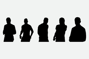Vector silhouettes of men, a group of model standing and walking business people, black color isolated on white background
