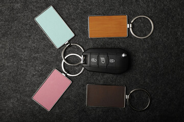 Metal and leather keychains. Colorful one side leather; Square, rectangle and circle shaped key rings. Concept shots, photos taken specially for e-commerce sales.