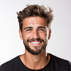 Obraz premium Studio portrait of a man smiling with a modern haircut. Advertisement for dental, business, studio, etc. 
