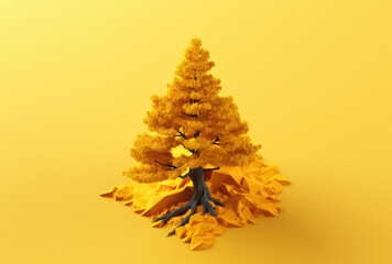 Autumn tree in abstract low-poly style on a yellow background, symbolizing eco-friendliness and sustainability.