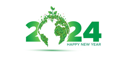 New year 2024 text with futuristic green eco world, sustainable environment background. new year 2024 text with world environment poster design.