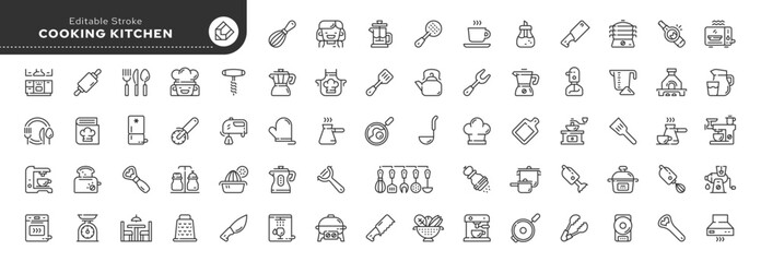 Fototapeta na wymiar Set of line icons in linear style. Set - Cooking kitchen. Cooking food, cookware, cutlery, household appliances and kitchenware. Outline icon collection. Conceptual pictogram and infographic.