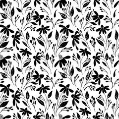  Vector seamless pattern  with Flower  brush strokes echinacea.  Black flowers with leaves on stems hand drawn painted by brush. Ink texture with foliage and meadow flowers. Botanical ink ornament
