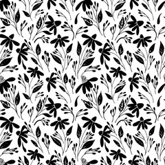  Vector seamless pattern  with Flower  brush strokes echinacea.  Black flowers with leaves on stems hand drawn painted by brush. Ink texture with foliage and meadow flowers. Botanical ink ornament
