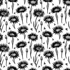 Seamless pattern with beautiful сornflower flowers . Hand drawn vector botanical background. Brush black leaves and flowers. Black ink illustration with floral motif.