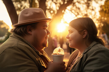 Chubby couple celebrating Valentine's Day in the park eat ice cream - concept of love, overweight - created with AI - - obrazy, fototapety, plakaty