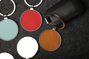 Metal and leather keychains. Colorful one side leather; Square, rectangle and circle shaped key rings. Concept shots, photos taken specially for e-commerce sales.