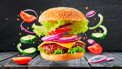 Cheeseburger with salad and meat