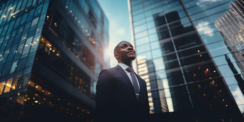 Portrait of young African Amerian businessman standing in front of city skyscraper, Urban lifestyle, Black people - obrazy, fototapety, plakaty