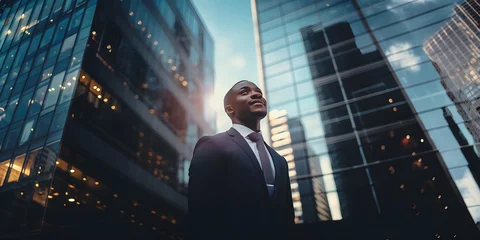 Papier Peint photo Noir Portrait of young African Amerian businessman standing in front of city skyscraper, Urban lifestyle, Black people