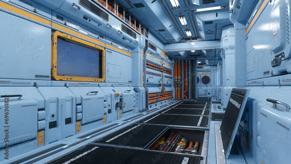 Poster Corridor inside a futuristic sci-fi space station building with exposed pipes and cables under the floor. 3D rendering.