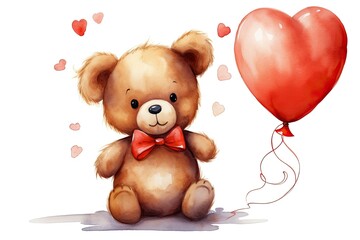 Cute teddy bear with heart shaped balloon, watercolor illustration