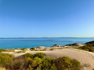 beautiful view from the dunes from Valdevaqueros along the coastline of the Atlantic Ocean at the...