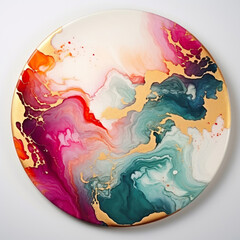 A colorful painting on a white plate on a table. Acrylic pour, fluid art Circular wall art piece