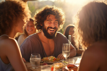Outdoor gathering of friends and family around a table, laughing in sunlit warmth. A curly-haired woman bearded man share a joyful moment while enjoying their meals
