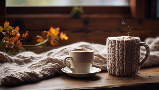 Generative AI image of a cup of coffee on a knitted sweater on a wooden table