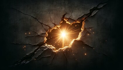 Ein hell leuchtender Stern scheint durch ein Loch in einer zerbrochenen und zersplitterten Betonwand