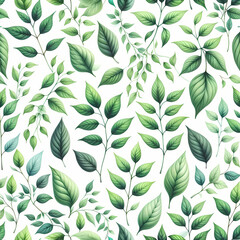 A watercolor painting of a seamless pattern of little green leaves on a white background. The leaves are delicately painted in various shades of green