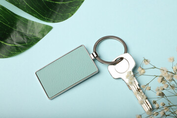 Metal and leather keychains. Colorful one side leather; Square, rectangle and circle shaped key rings. Concept shots, photos taken specially for e-commerce sales.