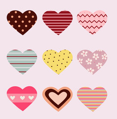 Collection of sweet nine different pattern hearts. pastel flowers polka dots Stripe pattern. For design element
