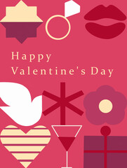 Happy valentine's day card with simple romantic elements in geometric shapes in a pink background.