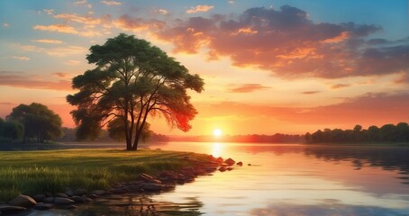 Fototapeta na wymiar An ultra-realistic image capturing the serene beauty of a sunset by the riverside. The sun sets behind the horizon, casting vibrant colors across the sky, reflecting on the tranquil- Generative AI