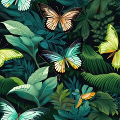 Seamless pattern colorful butterflies and leaves
